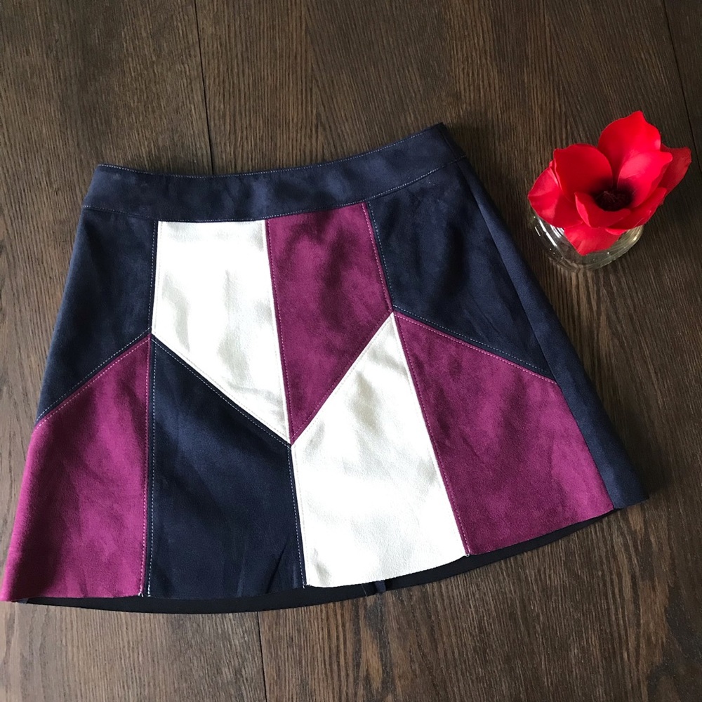 Abbeline Navy Geometric Patchwork Suede Mini Skirt - image 2